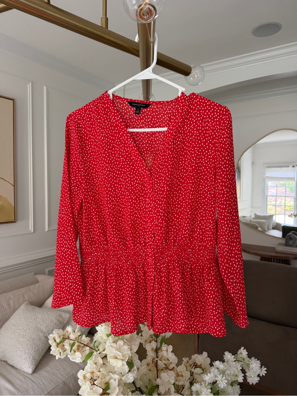 Red Swiss Dot Waisted Blouse